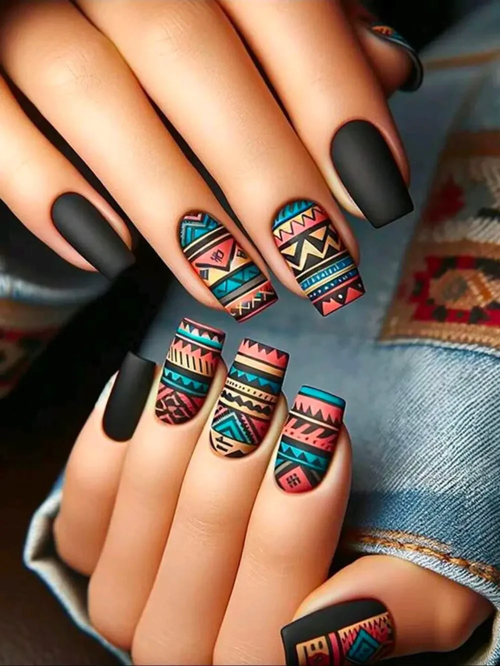 24Pcs Medium-Long Geometric Pattern Matte Designer Press-on Nails Square NEW